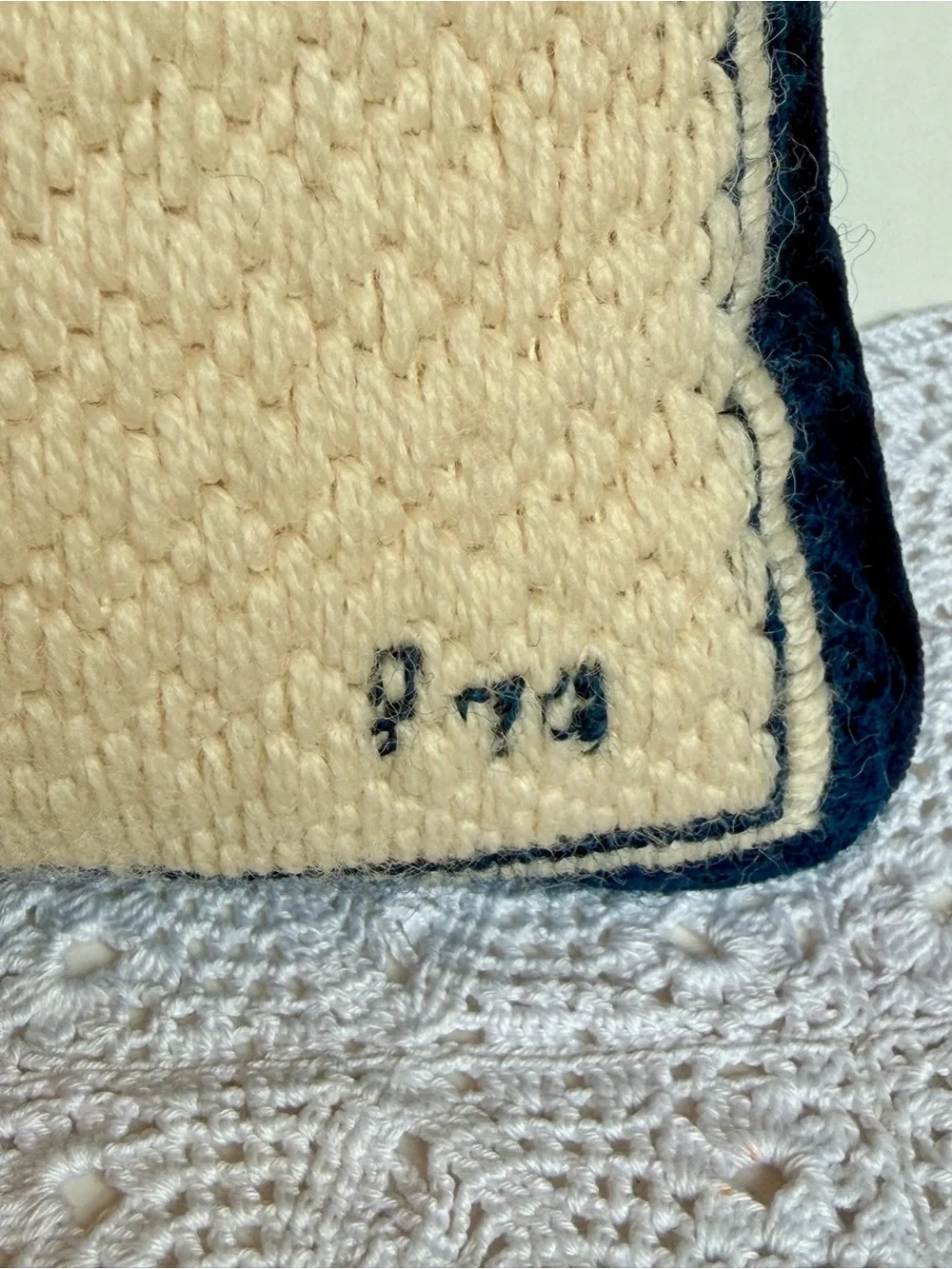Hand Hooked Monogram C Accent Throw Pillow Navy Cream Wool Velvet Back